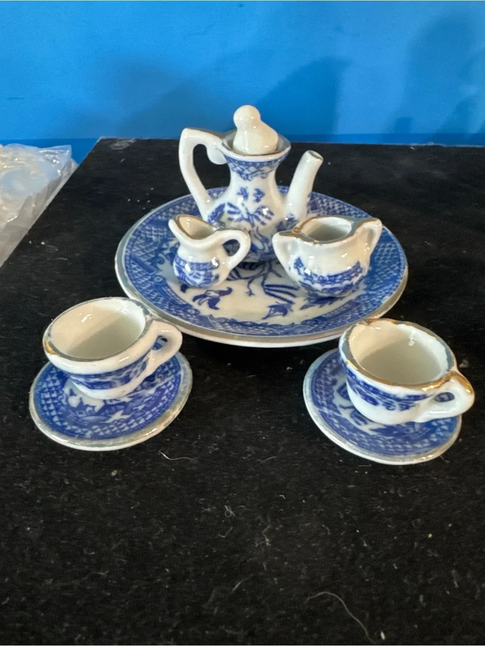 10pc Lot Miniature Mini Blue/White Gilded Porcelain TEA SET Teapot Sugar Creamer
